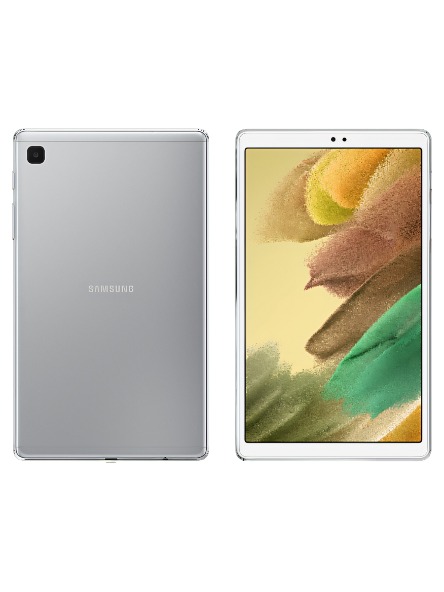 Samsung Galaxy Tab A7 Lite with a silver back casing and single camera setup, displayed alongside abstract art in the background