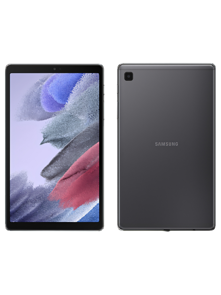 Samsung Galaxy Tab A7 Lite with a gray back casing and single camera setup, displayed alongside abstract art in the background