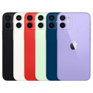 Iphone 12 mini in black, white, red, green, blue, purple. displayed from the back showing their camera modules.