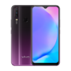 Vivo Y17 with a mystic purple casing and quad-camera setup, displayed alongside abstract art in the background