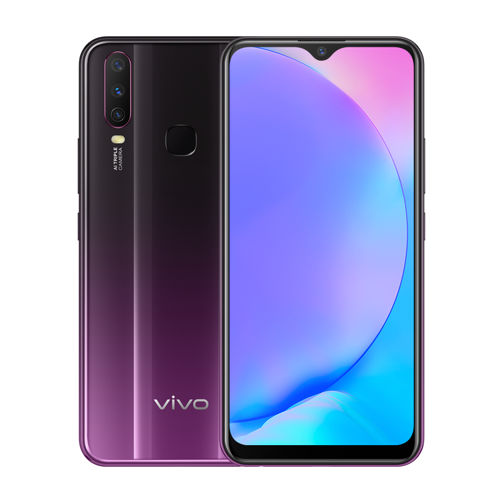 Vivo Y17 with a mystic purple casing and quad-camera setup, displayed alongside abstract art in the background