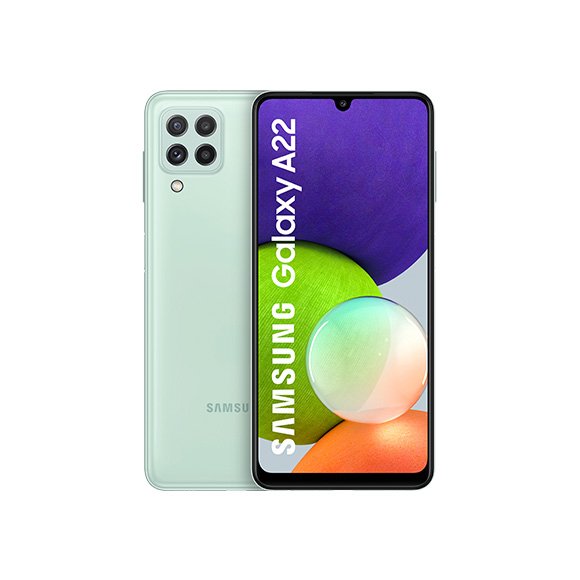 Mint green Samsung Galaxy A22 5G, angled to show off its sleek design and vibrant display with abstract wallpaper in green and purple hues