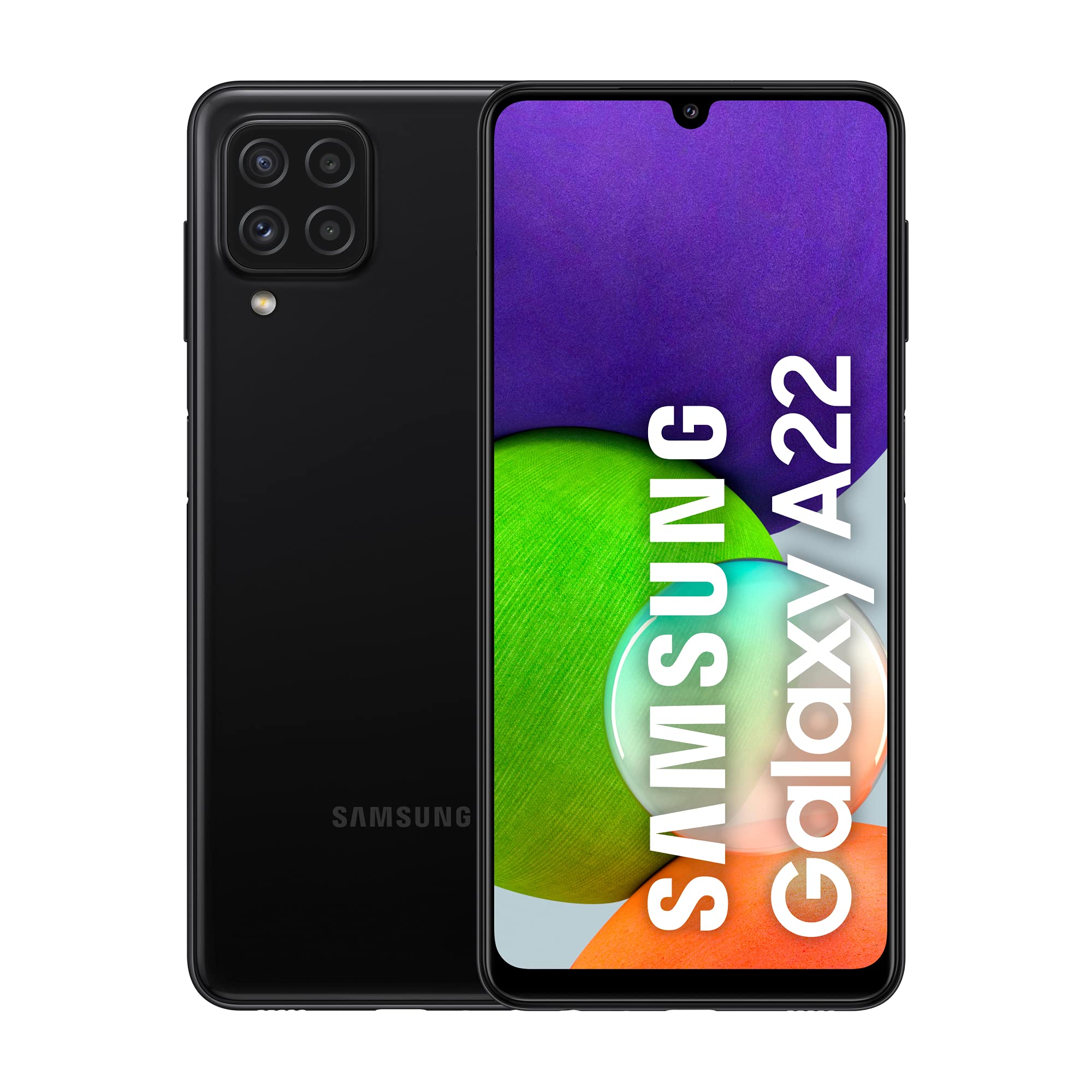 Samsung Galaxy A22 5G in black, focusing on its high-resolution display with a bright, abstract wallpaper and detailed view of the rear camera array.