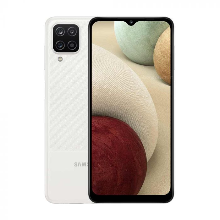 Samsung Galaxy A12 with a white back casing and quad-camera setup, displayed alongside abstract art in the background