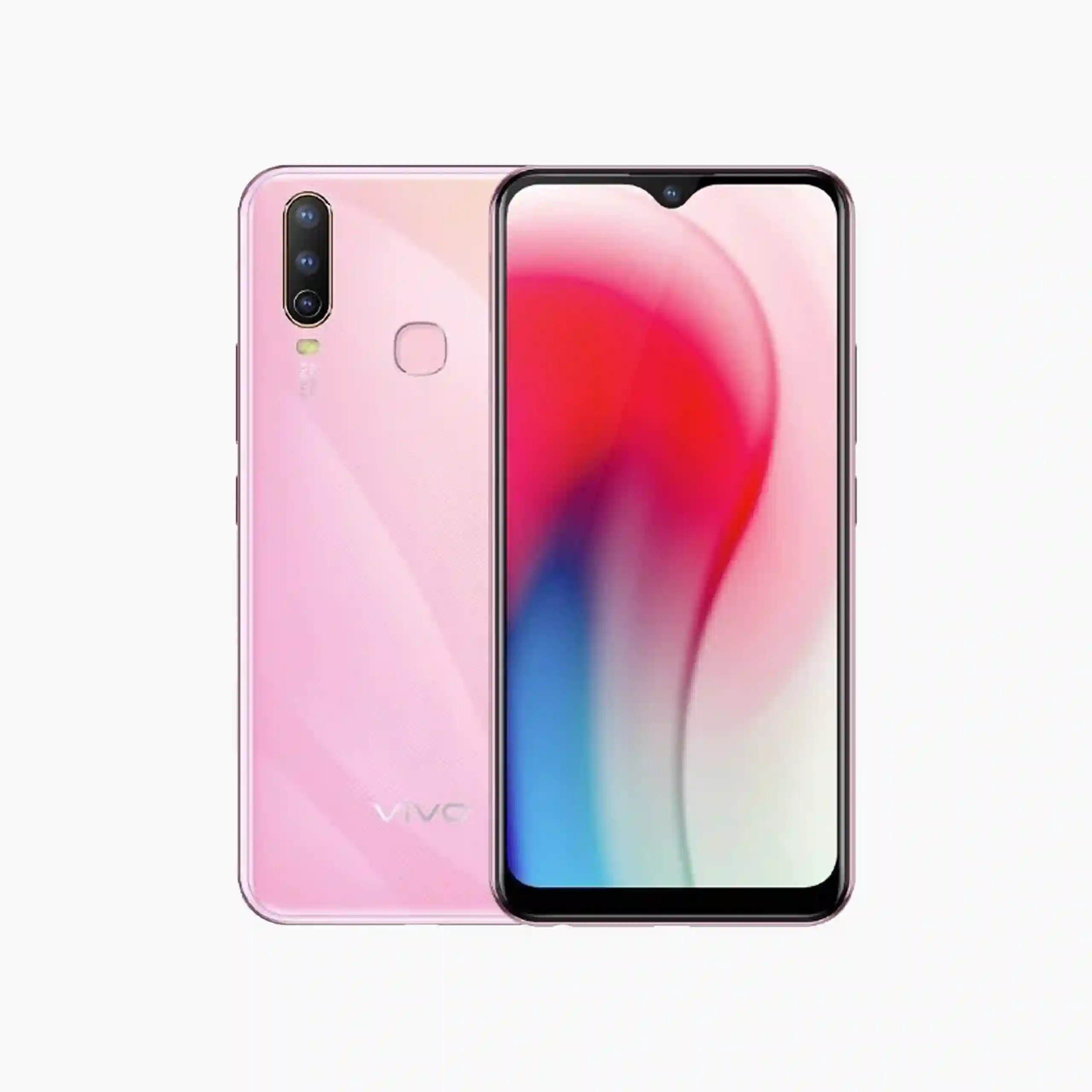 Vivo Y17 with a peach pink casing and quad-camera setup, displayed alongside abstract art in the background