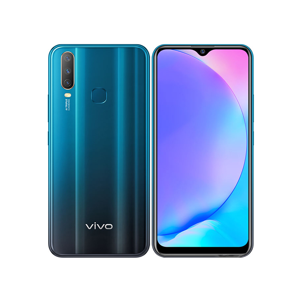 Vivo Y17 with a mineral blue casing and quad-camera setup, displayed alongside abstract art in the background