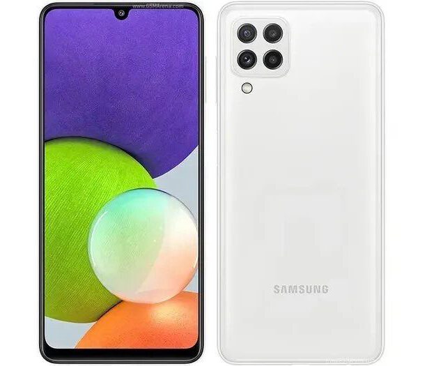 White Samsung Galaxy A22 5G highlighting its full-front display with a dynamic, abstract wallpaper and detailed quad-camera setup on the back.