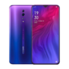 Oppo Reno Z with a purple-blue back casing and triple camera setup, displayed alongside abstract art in the background