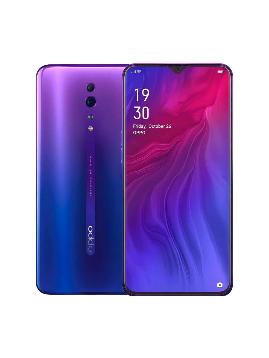 Oppo Reno Z with a purple-blue back casing and triple camera setup, displayed alongside abstract art in the background