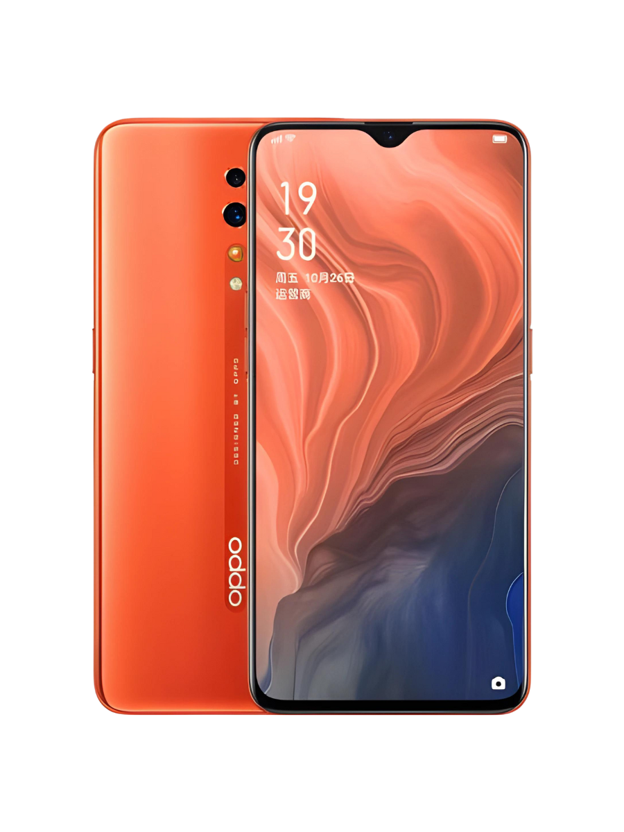 Oppo Reno Z with a orange back casing and triple camera setup, displayed alongside abstract art in the background