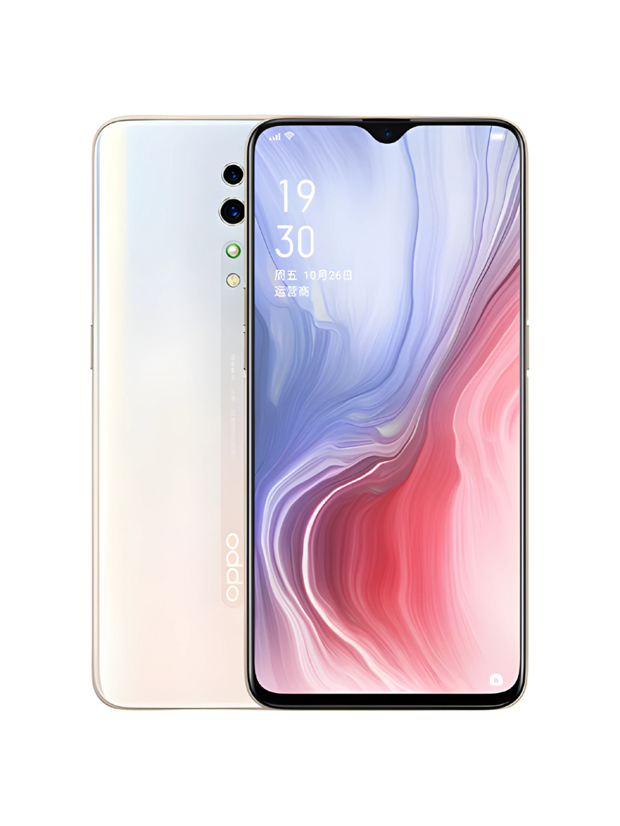 Oppo Reno Z with a white back casing and triple camera setup, displayed alongside abstract art in the background