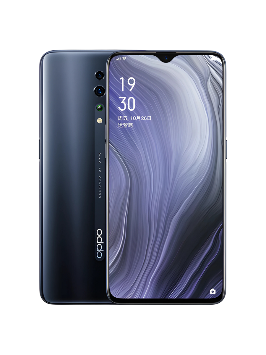 Oppo Reno Z with a black back casing and triple camera setup, displayed alongside abstract art in the background