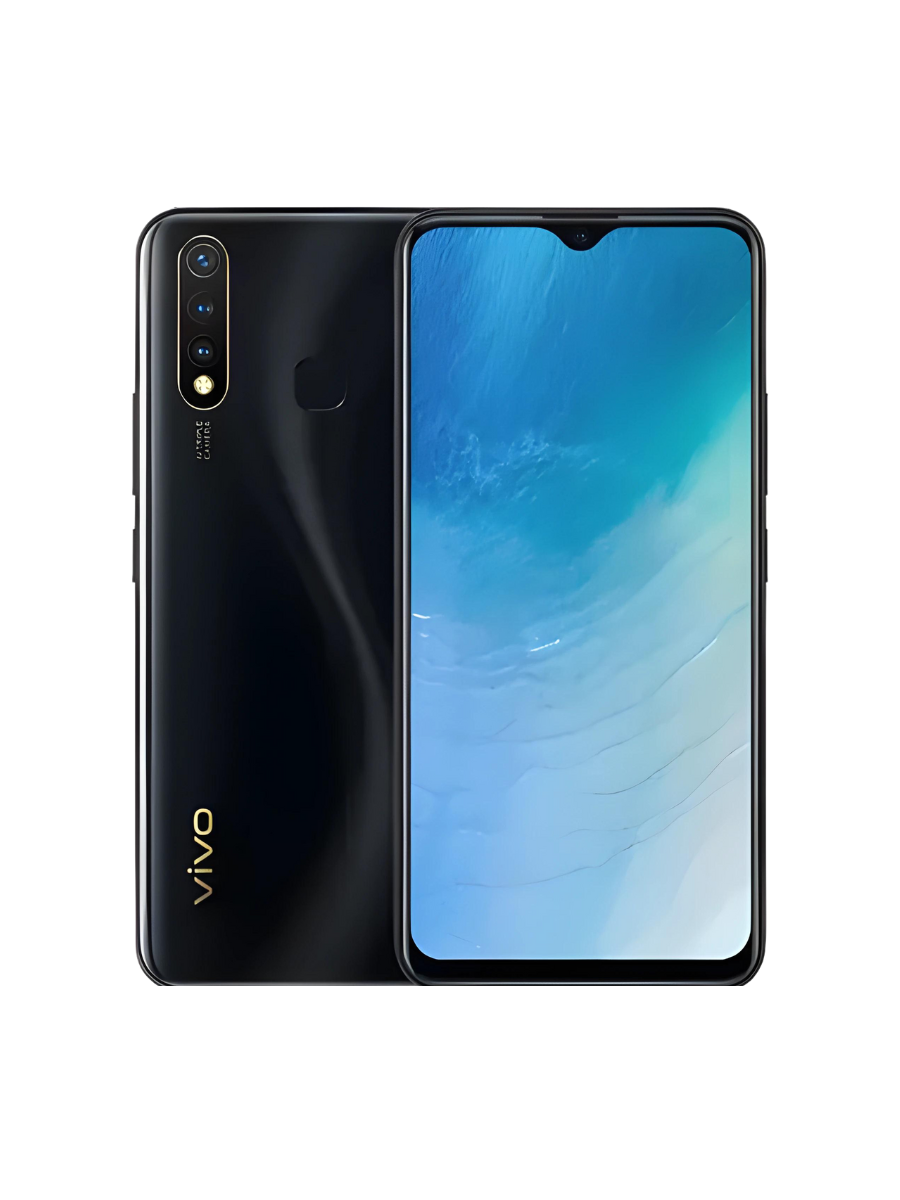 Vivo Y19 with a black back casing and triple camera setup, displayed alongside abstract art in the background