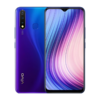 Vivo Y19 with a blue back casing and triple camera setup, displayed alongside abstract art in the background