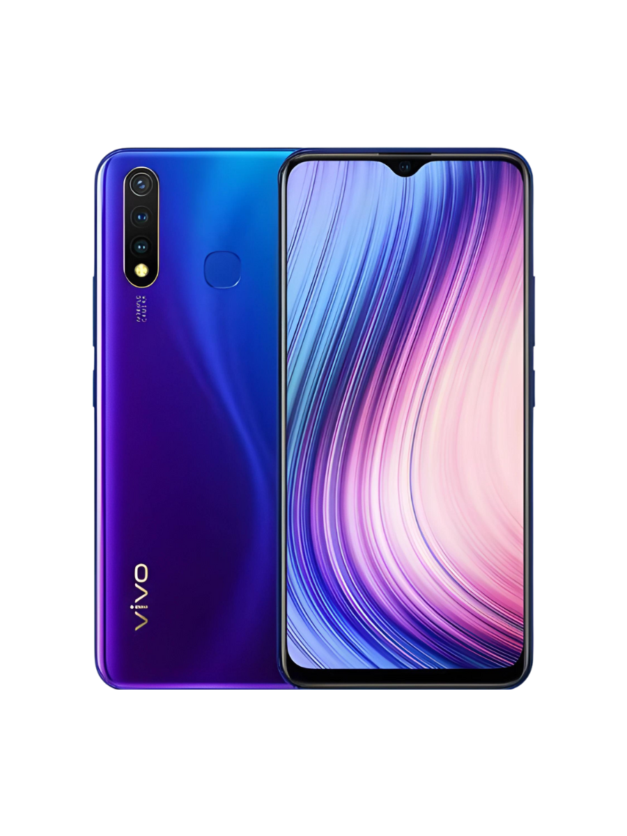 Vivo Y19 with a blue back casing and triple camera setup, displayed alongside abstract art in the background