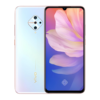 Vivo S1 Pro with a white back casing and Quad-camera setup, displayed alongside abstract art in the background