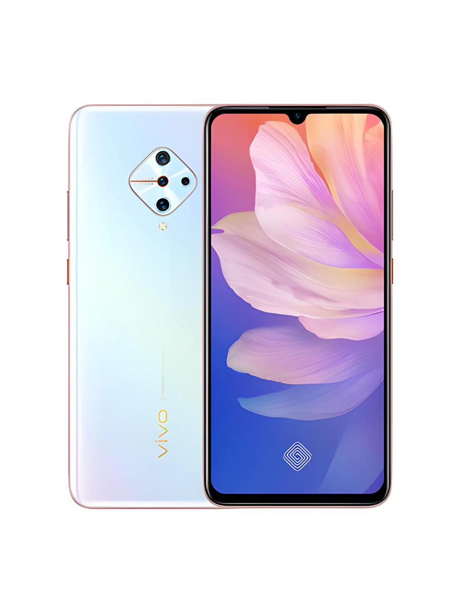 Vivo S1 Pro with a white back casing and Quad-camera setup, displayed alongside abstract art in the background