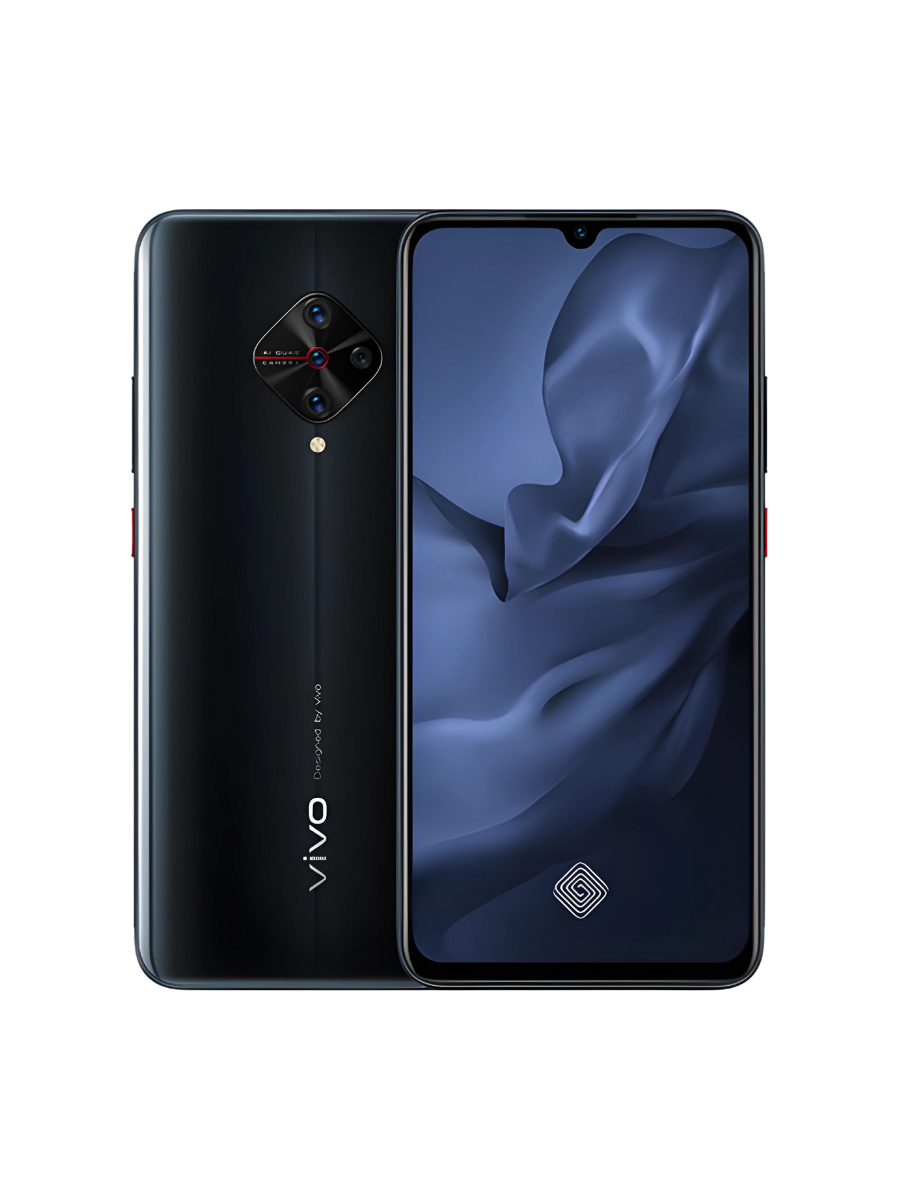 Vivo S1 Pro with a black back casing and Quad-camera setup, displayed alongside abstract art in the background